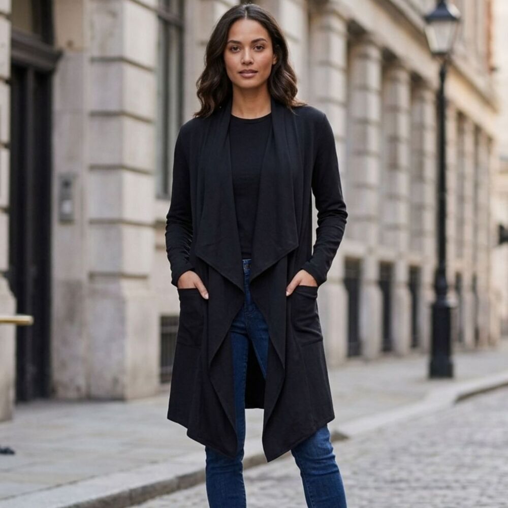Yohji Yamamoto Cardigan Draped Open Front Silk Wool Italy Navy Women US Medium
